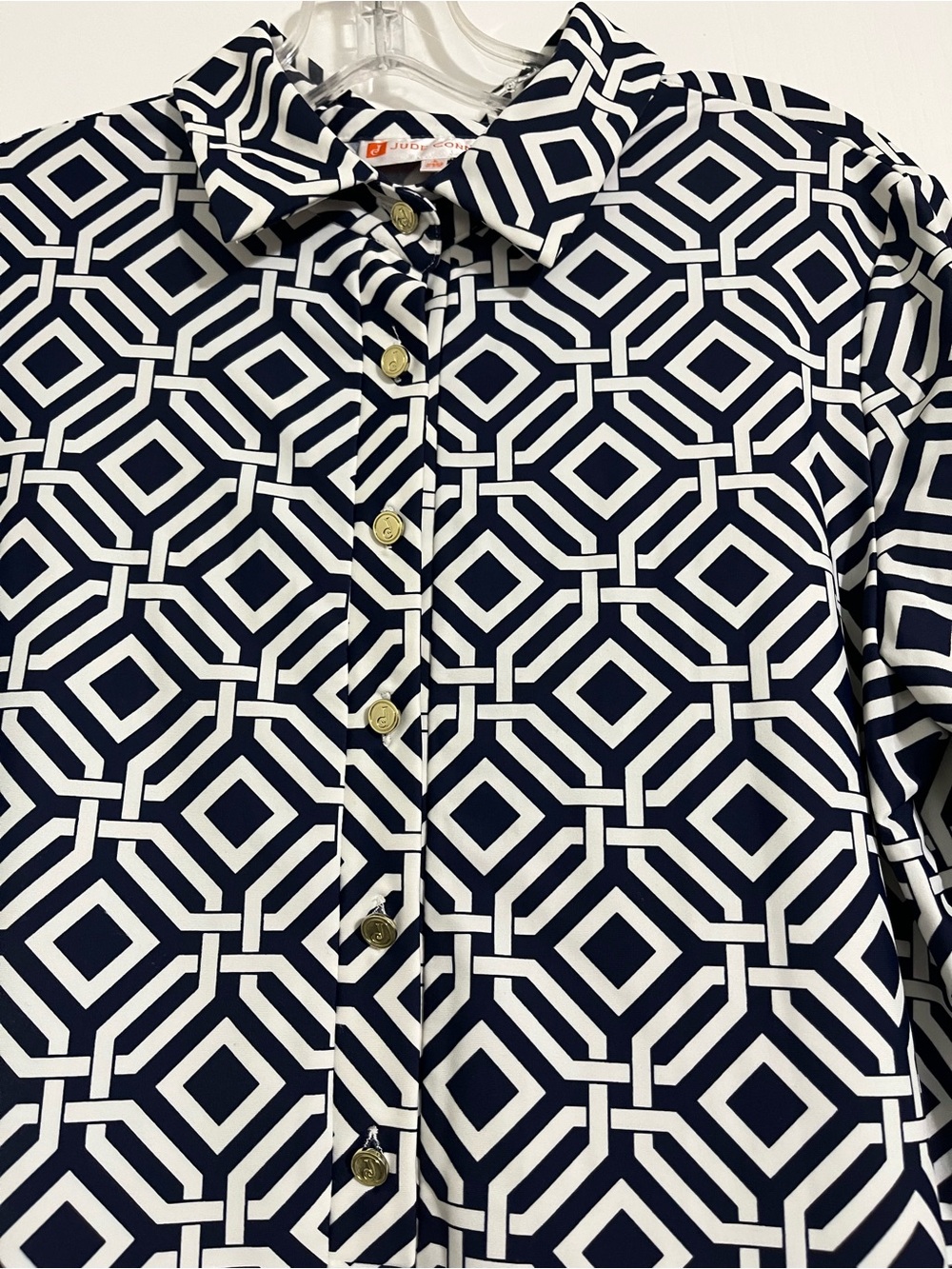 NWT Jude Connally Navy and White Geometric  Shift Dress Large 3/4 Sleeves - Picture 3 of 7